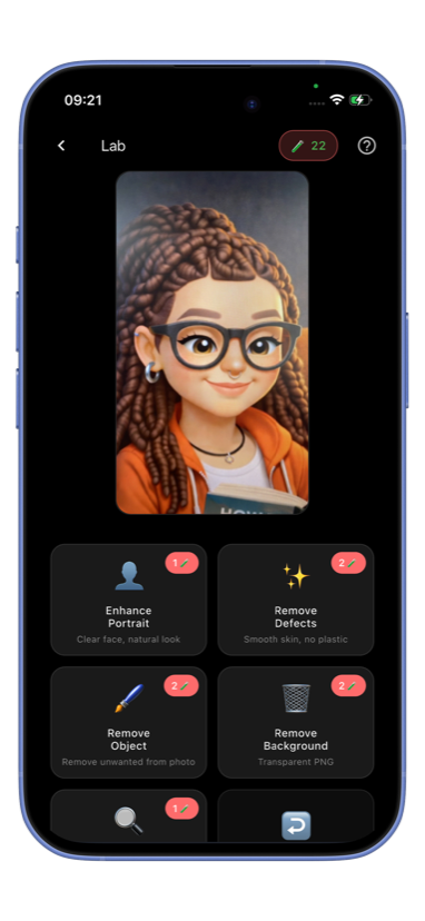 AI photo processing with portrait retouch, object removal, and upscale
